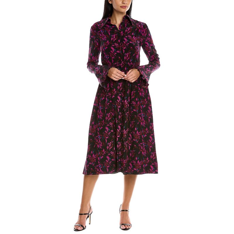 Les Rveries Womens Ruffle Cuff Silk Shirtdress, Black